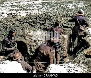 Britische Offiziere in einem Graben oder Muschelloch, die während des Ersten Weltkriegs an der Westfront Beobachtungen machten. Datum: Ca. 1916 Stockfoto