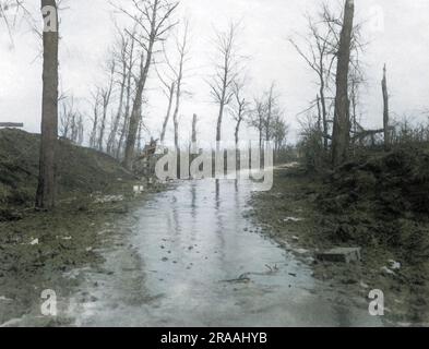 Blick auf die Straße nach Puisieux, Frankreich, während des britischen Vormarsches an der Westfront im Ersten Weltkrieg. Datum: Ca. 1917 Stockfoto