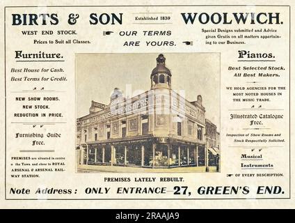 Werbung für Birts & Son, Green's End, Woolwich, Südost-London, mit Möbeln und Pianos. Datum: Ca. 1905 Stockfoto