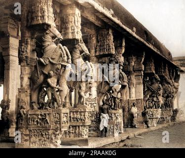 Kunstvoll verzierte Steinschnitzereien von Pferden und Reitern in Tiruchirappalli (Trichy, Tiruchi), Tamil Nadu, Indien. Datum: Ca. 1890er Stockfoto