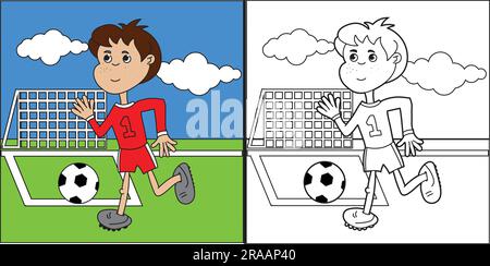 Malseite eines Cartoon Boys, der Fußball spielt. Abbildung für Malseite für Kinder Stock Vektor
