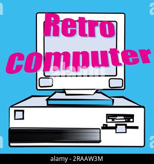 Ein alter, alter Retro-Hipster-PC für antiken Gaming-PC und eine Retro-Computer-Inschrift aus den 70er, 80er und 90er Jahren. Vektordarstellung. Stock Vektor
