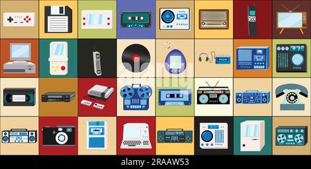 Ikonensatz alte Retro-Hipster-Elektronik: Kassettenrekorder, Computer, Spielekonsolen für Videospiele aus den 70s, 80s und 90s Jahren. Stock Vektor