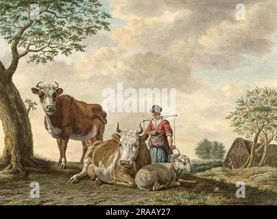 Milchmädchen, nach dem Melken der Kühe auf der Weide trägt sie die Milchdosen, 1800, Holland, Historisch, digital restauriert aus einem Original aus dem 19. Jahrhundert / Milchmädchen, Magd, nach dem Melken der Kühe auf der Weide tragen sie die Milchkannen weg, 1800, Holland, Historisch, Digitale Restaurierte Reproduktion von einer Vorlage aus dem 19. Hundert Stockfoto