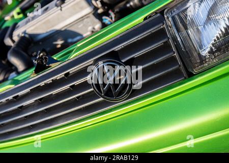 Berlin, Deutschland - 24. Juni 2023: Volkswagen-Logo auf einem grünen Volkswagen auf einer Wiese. Stockfoto