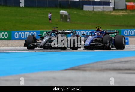 63 RUSSELL George (gbr), Mercedes AMG F1 Team W14, 02 SARSERGEANT Logan (usa), Williams Racing FW45, Action während der Formel 1 Rolex Grosser Preis von Osterreich 2023, 2023 Österreichischer Grand Prix, 9. Runde der Formel-1-Weltmeisterschaft 2023 von Juni 30 bis Juli 2, 2023 auf dem Red Bull Ring in Spielberg, Österreich Stockfoto