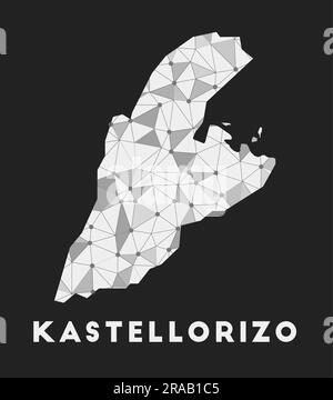 Kastellorizo - Karte des Kommunikationsnetzwerks der Insel. Kastellorizo: Trendiges geometrisches Design auf dunklem Hintergrund. Technologie, Internet, Netzwerk, Telekommunikation Stock Vektor