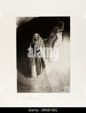 Tod: "Ich bin es, der euch ernst macht; lasst uns einander umarmen." Odilon Redon. 1896. Lithograf in Schwarz auf cremefarbenem Porzellanpapier auf elfenbeinfarbenem gewebtem Papier. Platte 20 von 24. Stockfoto