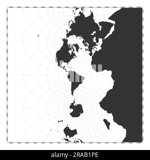 Vector-Weltkarte. Transversale sphärische Mercatorprojektion. Geografische Karte mit Breiten- und Längengraden. Zentriert auf 60deg E Länge Stock Vektor