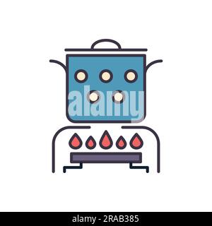 Vektorsymbol für warmes Kochen mit Lebensmitteln. Die Pfanne steht auf dem Gasbrenner. Schild für warme Speisen. Isoliert auf weißem Hintergrund. Bearbeitbare Vektordarstellung Stock Vektor