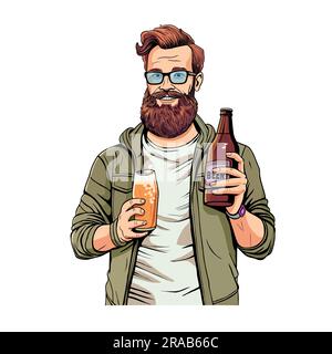 Ein fröhlicher bärtiger Mann, der ein Glas Bier und eine Flasche hält. Stock Vektor