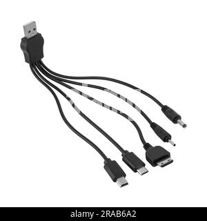 Universal-Adapterkabel vom USB-Steckverbinder zu Micro-USB-, Mini-USB- und anderen Steckverbindern weißer Hintergrund in der Isolierung Stockfoto