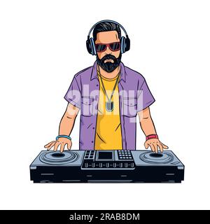 Hipster-junger DJ mit Bart, der Musik auf Plattenspieler mischt. DJ spielt und mischt Musik an Deck. Stock Vektor