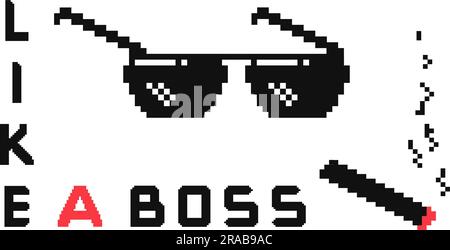 Wie ein gegliedertes, pixelisoliertes Konzept. MEME Gangster Retro-Design. Schwarze Sonnenbrille und Zigarette, 8-Bit 80-90s grafisch anständiger Vektorhintergrund Stock Vektor