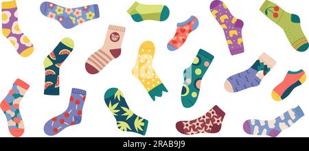 Kreativ-stylische Socken, Kindersocken-Design. Baumwolle und Wolle Winter Accessoires, Mode Erwachsene und Kinder Fußbekleidung anständige Vektorclipart Stock Vektor