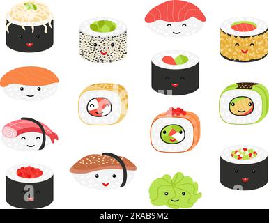 Sushi-Figuren im Kawaii-Stil. Japanisches köstliches Essen süßer Charakter, fröhliche Brötchen mit Lachs, Reis und Gemüse. Asiatische Küche, guter Vektor Stock Vektor