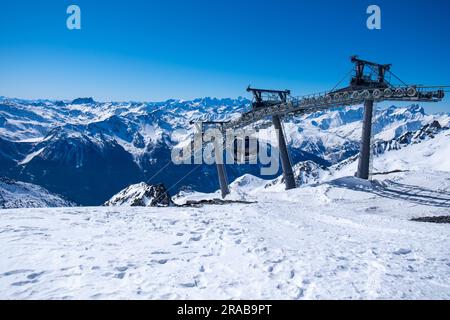 Cime Caron Skilift vom Skigebiet Orelle nach Val Thorens, Frankreich Stockfoto