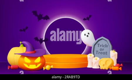 Halloween-3D-Poster, Kürbishexe, Schädel und Süßigkeiten. Süße Gespenster und Podium, fröhliche Party-Dekoration. Gruseliger, gruseliger Vektorhintergrund Stock Vektor