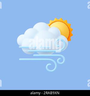 Symbol für Wind 3D. Realistische Wolke auf blauem, windigem Tagsymbol. Renderelement für Herbst, Winter, Sommer oder Frühling Stock Vektor