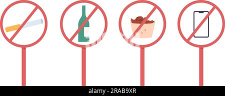 Verbotsschilder, nicht rauchen, Alkohol trinken, Fast Food essen und Smartphone benutzen. Schlechte Angewohnheiten und Erwachsene beliebte Suchtkrankheiten, Vektorelemente Stock Vektor