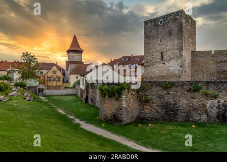 Aus der Vogelperspektive sehen Sie die mittelalterliche Stadt Znojmo, die von einer Stadtmauer umgeben ist, in der Weinregion, die St.-Nicolas-Kirche, die Rotunde, das Schloss und den Renaissance-Platz Stockfoto