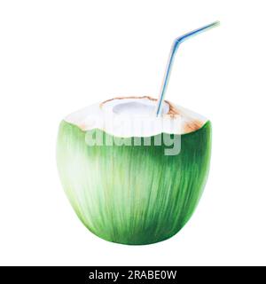 Aquarelle Darstellung einer grünen Kokosnuss mit blauem Rohr für Getränke. Strandcocktail mit Strohhalm für Cocktail isoliert auf weißem Hintergrund. Für Designer Stockfoto