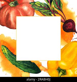 Quadratischer Rahmen aus Aquarell mit handgezogenem Glockenpapier, Paprika, Tomaten, Gurke, Rote Bete und Orangenspritzer. Rahmen isoliert auf weiß für Stockfoto