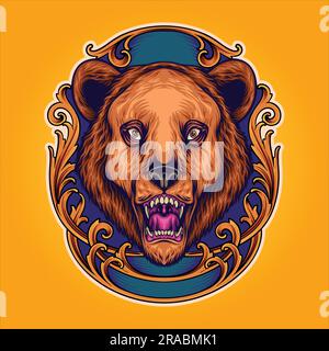 Wilder Grizzlybärenkopf in eingraviertem Zierrahmen Vektorabbildungen für Ihr Arbeitslogo, Merchandise-T-Shirt, Aufkleber und Etikettendesigns, Poster, gr Stock Vektor