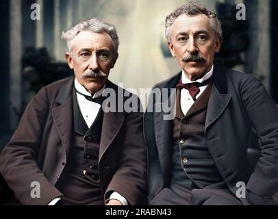Die Brüder Auguste Marie Louis Nicolas Lumière waren zwei französische Unternehmer, Erfinder des Filmprojektors und einer der ersten Filmemacher in Hist Stockfoto