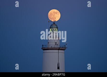 Der Buckmond, der am Himmel über einem Leuchtturm aufgeht, ist im Hafen von Malaga zu sehen. Anfang Juli findet der Vollmond der Hirsche als eines der beeindruckendsten astronomischen Ereignisse des Monats statt. Wenn der Vollmond stattfindet, erscheint er größer und heller als normal. Stockfoto