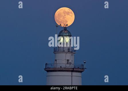 Malaga, Spanien. 2. Juli 2023. Der Buckmond, der am Himmel über einem Leuchtturm aufgeht, ist im Hafen von Malaga zu sehen. Anfang Juli findet der Vollmond der Hirsche als eines der beeindruckendsten astronomischen Ereignisse des Monats statt. Wenn der Vollmond stattfindet, erscheint er größer und heller als normal. (Credit Image: © Jesus Merida/SOPA Images via ZUMA Press Wire) NUR REDAKTIONELLE VERWENDUNG! Nicht für den kommerziellen GEBRAUCH! Stockfoto