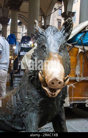 Il Porcellino (italienisches „Ferkel“) ist der lokale florentinische Spitzname für den bronzenen Brunnen eines Ebers. Es wurde vom barocken Meister Pietr geformt und gegossen Stockfoto