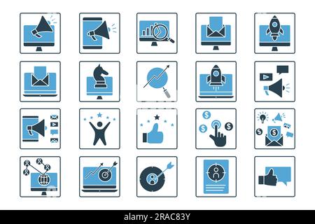 Symbol für digitales Marketing. Enthält Symbole für Analysten, E-Mail-Marketing, seo, Marketingstrategie, Social Marketing, Feedback und andere. Solider Symbolstil Stock Vektor