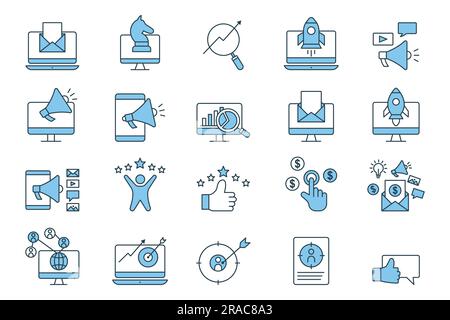 Symbol für digitales Marketing. Enthält Symbole für Analysten, E-Mail-Marketing, seo, Marketingstrategie, Social Marketing, Feedback und andere. Symbole für flache Linien Stock Vektor