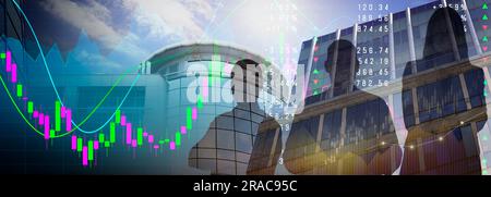 Mehrfachbelichtung mit Silhouetten von Geschäftsleuten, Diagrammen, Daten und Gebäuden, Bannerdesign Stockfoto