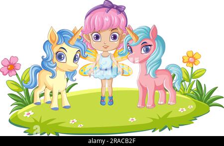 Feenmädchen mit Einhorn in Cartoon-Style Illustration Stock Vektor