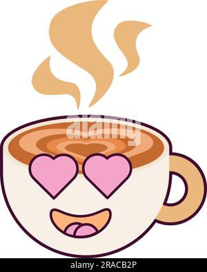 Lächelnde Keramikbecher mit Kaffee Latte und Schaumstoffmuster auf der Oberfläche in Herzform. Fröhliches Maskottchen mit Kinderurlaub und Teeparty. Einfach Stock Vektor