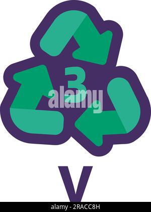 Hinweis V Recyclingcode 3 für die Kennzeichnung von Industrieprodukten. Recycling-Code für Polyethylen-Verpackungen. Information der Verbraucher über Verpackungseigenschaften und chemische Eigenschaften Stock Vektor