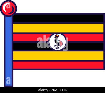 Nationalflagge der Republik Uganda auf Flaggenmast-Vektor. Horizontale Streifen in Schwarz, Gelb und Rot, weißer Kranichvogel mit weißer Scheibe. Ugandisch Stock Vektor