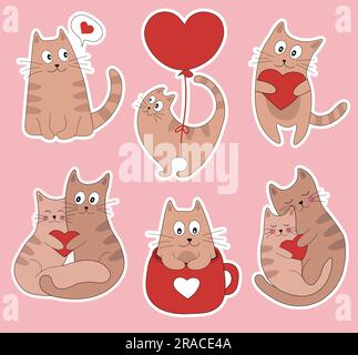 Set mit Aufklebern mit Katzen Valentinstag. Zwei süße, verliebte Katzen. Katze mit Herz, Katze im Becher, Katzen lieben, fliegende Katze im Ballon. Stock Vektor
