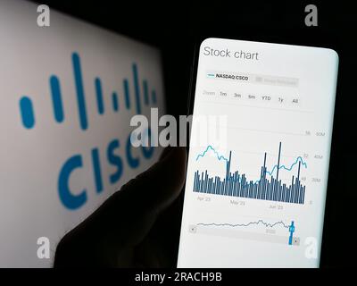 Person, die ein Mobiltelefon mit einer Webseite des US-amerikanischen Kommunikationsunternehmens Cisco Systems Inc. Auf dem Bildschirm mit Logo hält. Konzentrieren Sie sich auf die Mitte des Telefondisplays. Stockfoto