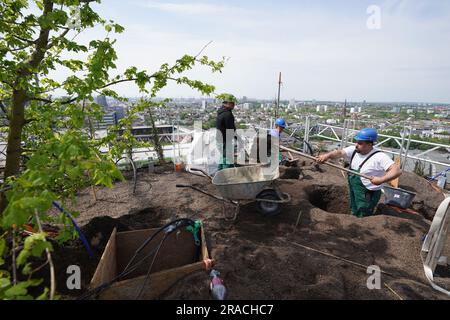 Hamburg, Deutschland. 01. Juni 2023. Landschaftsgärtner Pflanzen Bäume und Sträucher auf dem Dach des Hochbunkers Heiligengeistfeld. Die Ökologisierung und der Bau des Bunkers Heiligengeistfeld sollen in diesem Jahr abgeschlossen sein. (An dpa-Korr: 'Grauer Bunker wird größer und grüner - Pflanzen in vollem Gange') Kredit: Marcus Brandt/dpa/Alamy Live News Stockfoto