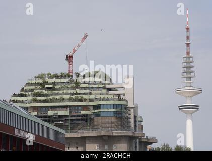 Hamburg, Deutschland. 01. Juni 2023. Blick auf den grünen und gepflanzten Aufbau auf dem Dach des Hochbunkers Heiligengeistfeld. Die Ökologisierung und der Bau des Bunkers Heiligengeistfeld sollen in diesem Jahr abgeschlossen sein. (An dpa-Korr: 'Grauer Bunker wird größer und grüner - Pflanzen in vollem Gange') Kredit: Marcus Brandt/dpa/Alamy Live News Stockfoto