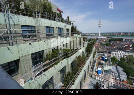 Hamburg, Deutschland. 01. Juni 2023. Blick auf den grünen und gepflanzten Aufbau auf dem Dach des Hochbunkers Heiligengeistfeld. Die Ökologisierung und der Bau des Bunkers Heiligengeistfeld sollen in diesem Jahr abgeschlossen sein. (An dpa-Korr: 'Grauer Bunker wird größer und grüner - Pflanzen in vollem Gange') Kredit: Marcus Brandt/dpa/Alamy Live News Stockfoto