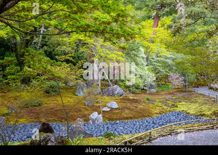 2023 Hogon-in Sub Temple Zen Garden, trockener Teich, der das Meer des Leidens des menschlichen Lebens repräsentiert, Arashiyama, Kyoto, Japan, Löwen brüllen Garten Stockfoto