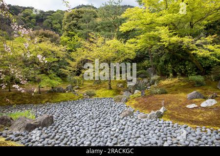 2023 Hogon-in Sub Temple Zen Garden, trockener Teich, der das Meer des Leidens des menschlichen Lebens repräsentiert, Arashiyama, Kyoto, Japan, Löwen brüllen Garten Stockfoto