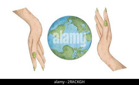 Planet Erde in Frauenhand. Symbol für Leben, Natur, Fundament, Ökologie, internationale Veranstaltungen. Auf der ganzen Welt. Handgezeichnete Aquarell-Illustration Stockfoto