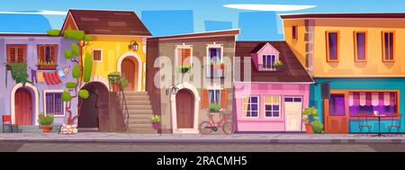 Italien, alte alte Straßenvektorzeichnung der Stadt. Italienische europäische Stadt mit Café im Retro-Gebäude. Sommerlandschaft mit europäischer Architektur und Dörfern. Urbanes Restaurant und mediterrane Fassade Stock Vektor