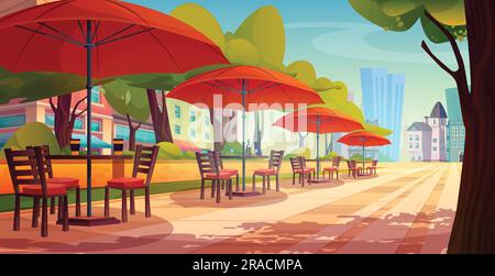Straßencafé im Sommer im Park, Zeichentrickfilm. Restaurantbereich im Freien mit Tisch, Stuhl und Sonnenschirm und Stadtbaulandschaft. Urbanes Bistro-Café im Straßendesign Stock Vektor