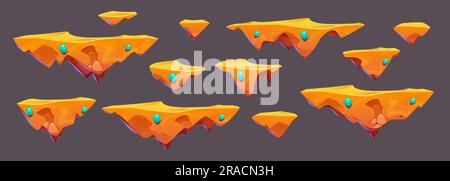 Karikaturenset von Fluginseln isoliert im Hintergrund. Vektordarstellung gelber Landstücke mit türkisfarbenen Edelsteinen, die in der Luft, in langen und kurzen Bodenabschnitten schweben, für das ui-Design des Abenteuerspiels Stock Vektor